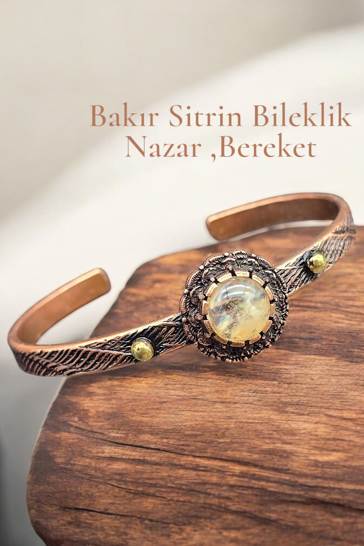 NBS Beautiful Naturel Stones Bakır Sitrin Saf Bileklik Ayarlanabilir ( Nazar , Koruma ) Antik Tasarım ( Hediyelik , Günlük )