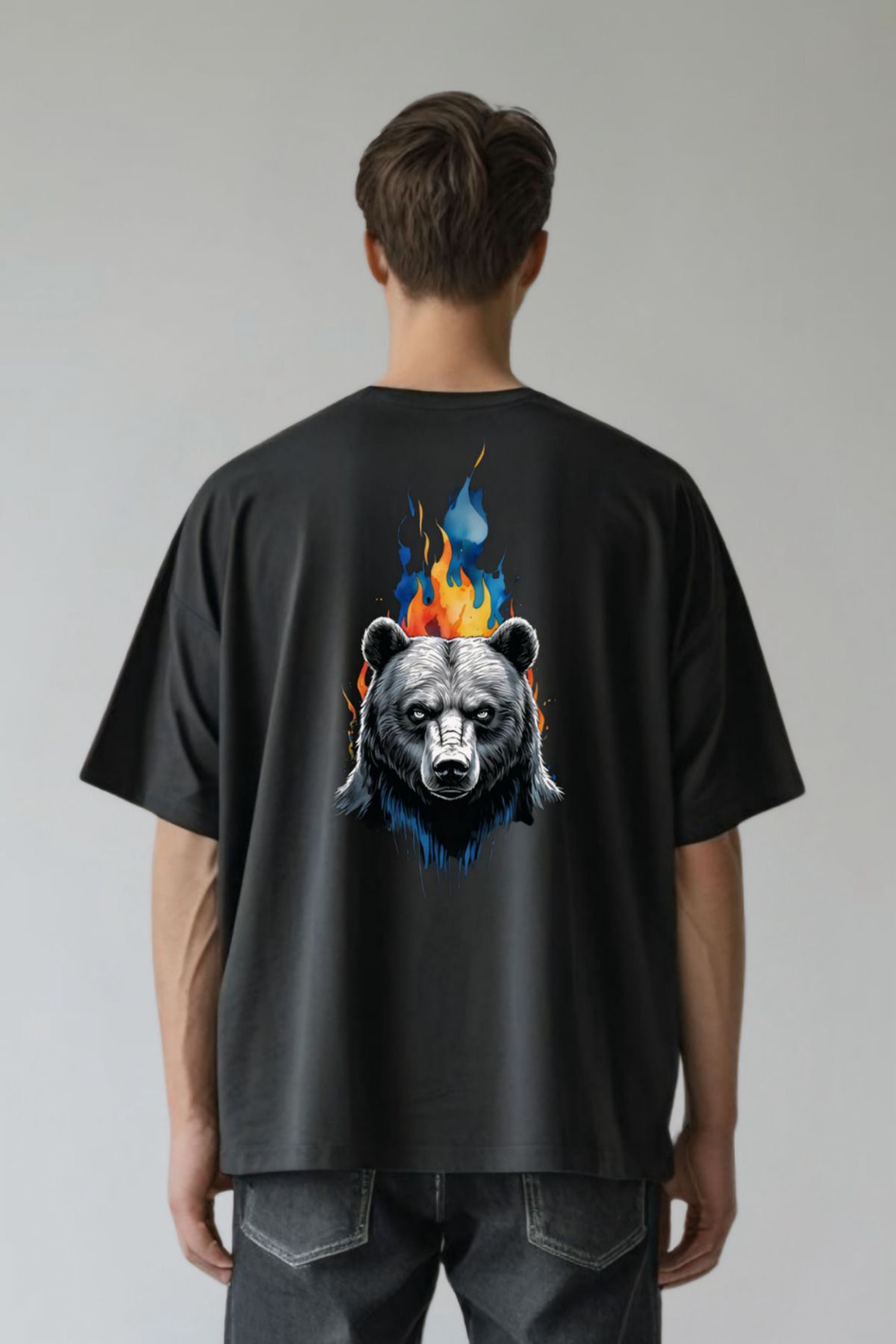 Butik Rebel Bear Oversize Pamuklu Tshirt - Alev Temalı Özel Tasarım
