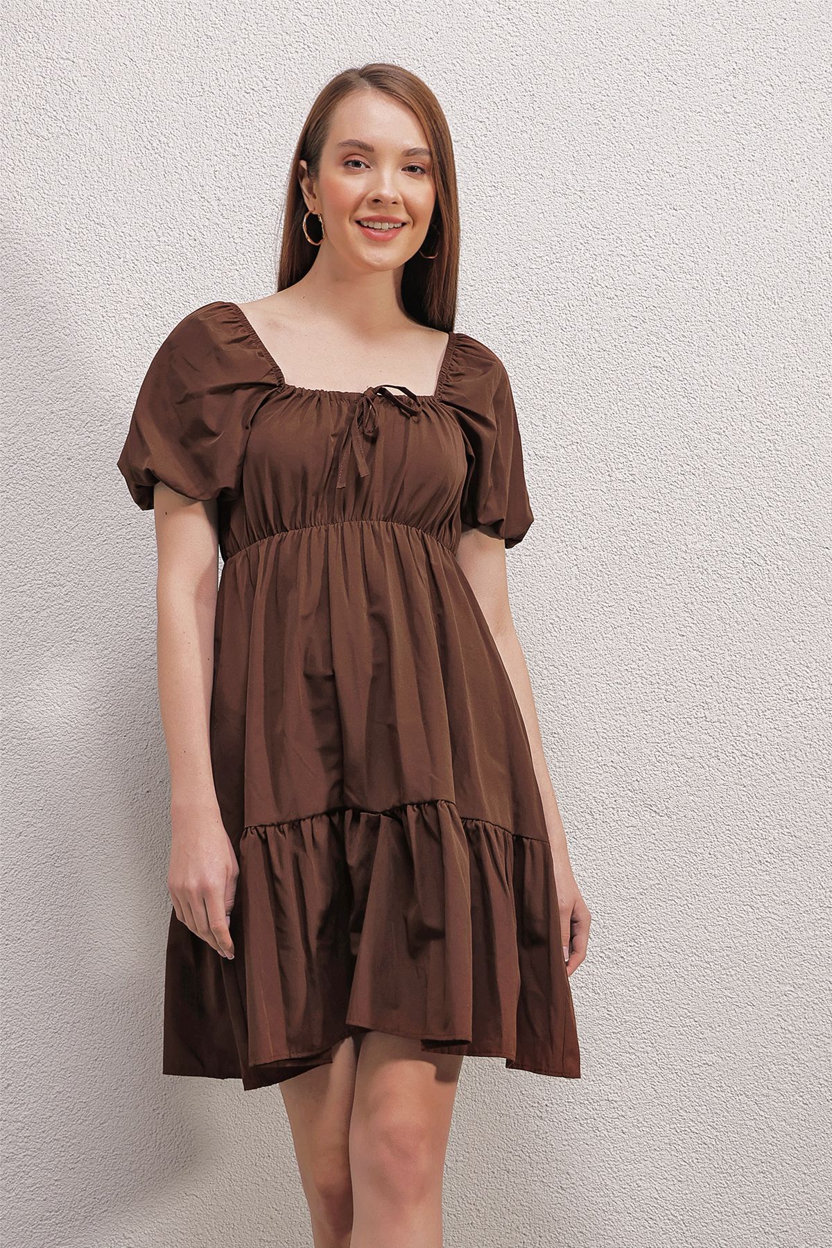 CCTWEAR Büzgülü Yaka Kloş Poplin Elbise