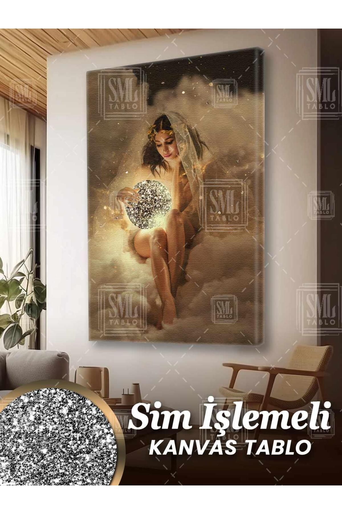 SML TABLO Simli Gökyüzünde Oturan Nü Kadın Pırıltılı Ay Bulut Masal Sim İşlemeli Dikey Kanvas Tablo