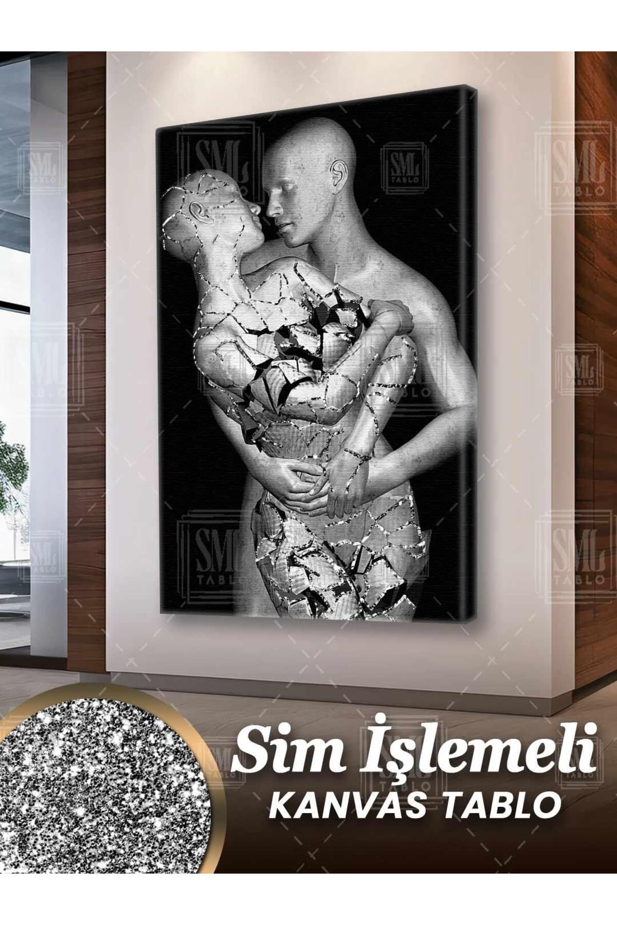 SML TABLO Simli Birbirine Sarılan Metal Pırıltılı Taş Çift Parçalanmış Aşk Love Sim İşlemeli Dikey Kanvas Tabl