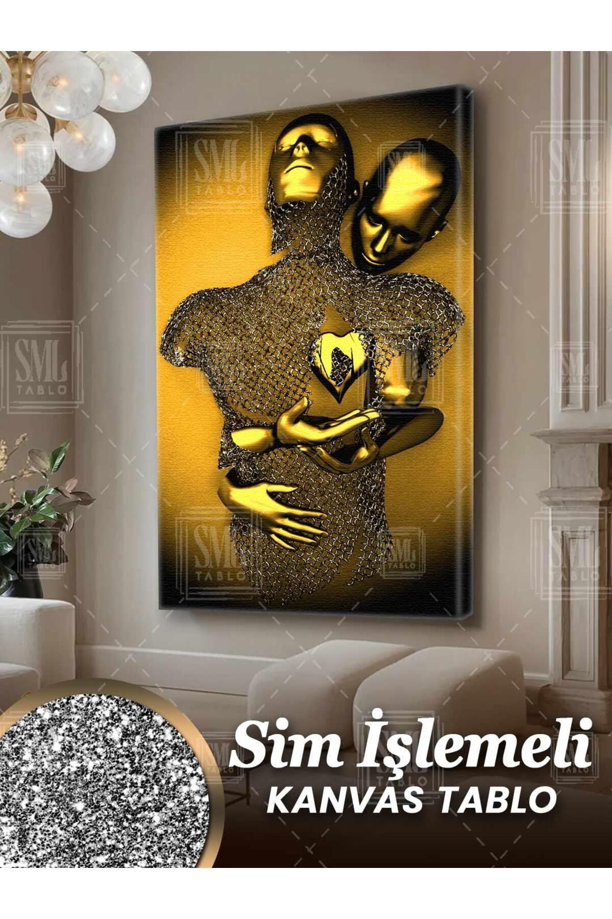 SML TABLO Simli Gold Pırıltılı Zincir Birbirine Sarılan Metal Aşıklar Love Sim İşlemeli Dikey Kanvas Tablo