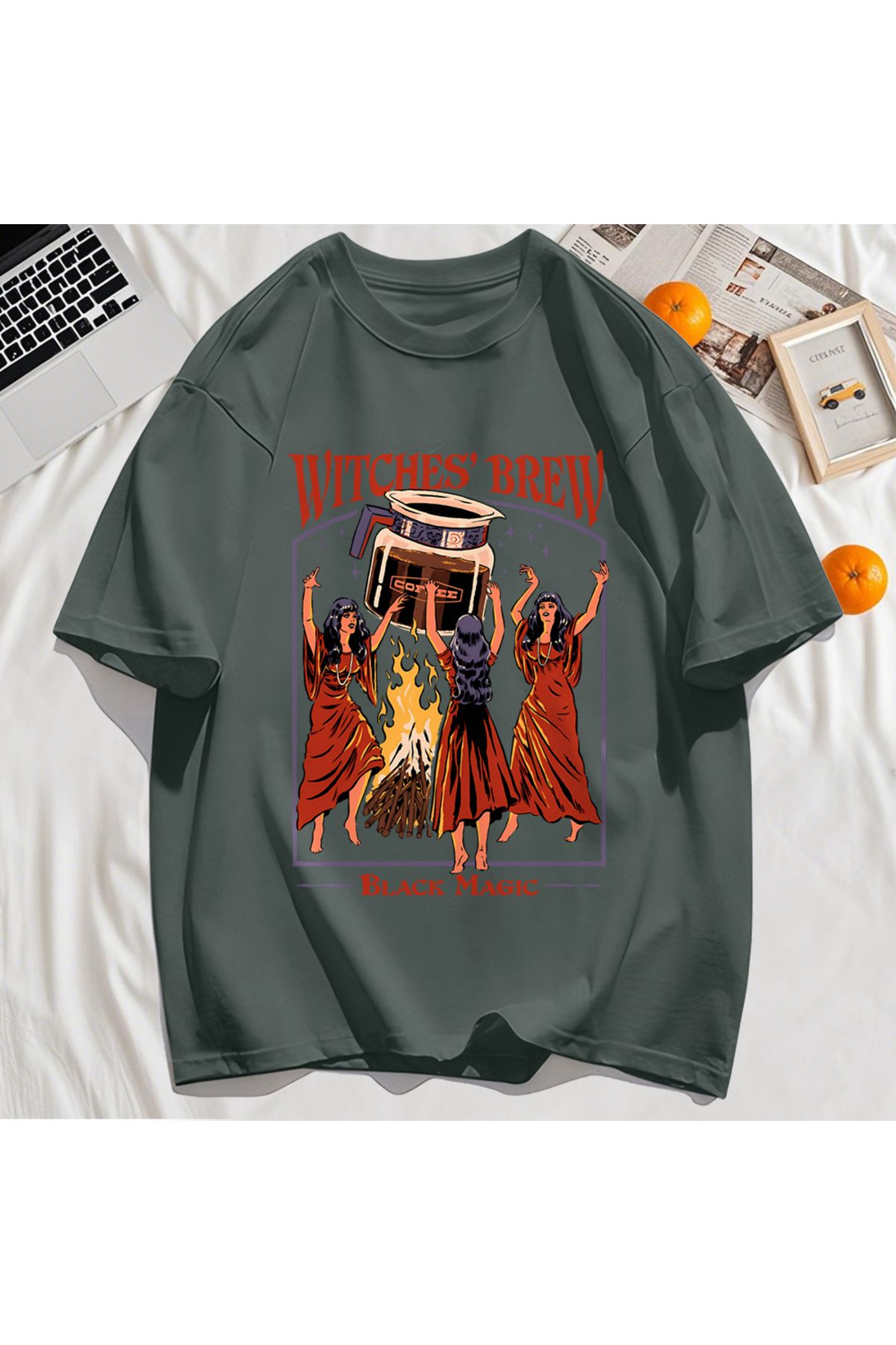 StartMore Y2k Vintage Tişört Tee Cadılar Brew Siyah Sihirli Baskı
