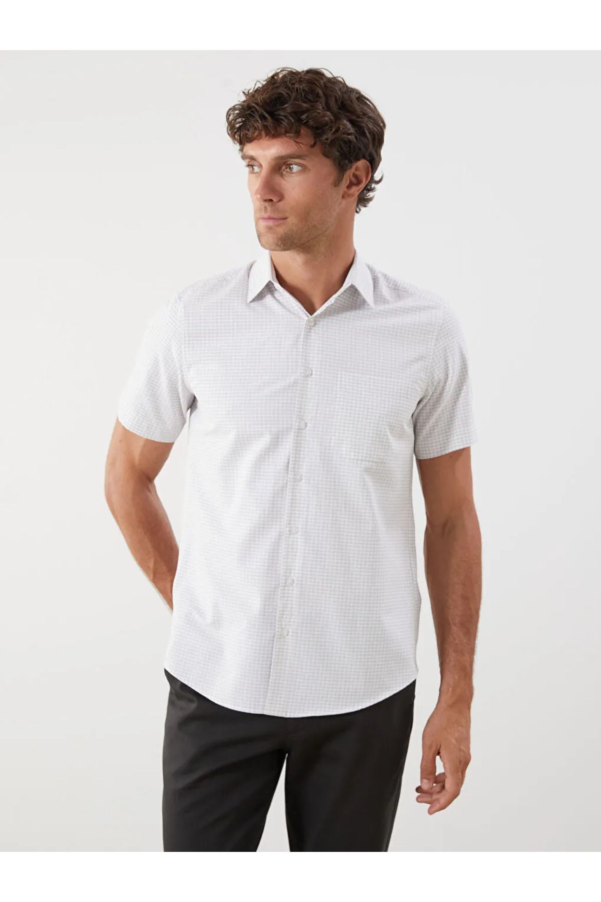 LC Waikiki LCWAIKIKI Formal Bej Regular Fit Kısa Kollu Ekose Armürlü Erkek Gömlek