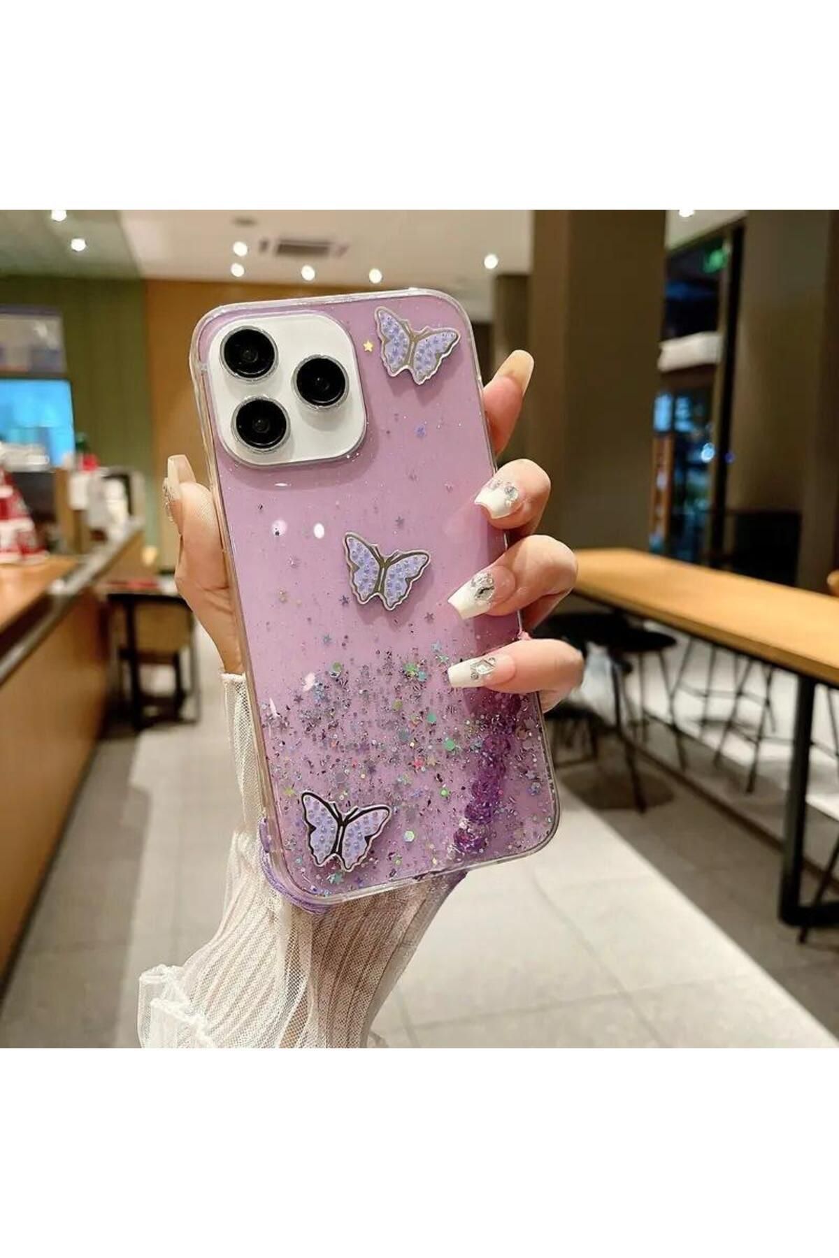 Rivor Oppo A3 Uyumlu Kılıf Kamera Çıkıntılı Simli Kelebek Kabartma Desenli İnce Premium Kapak
