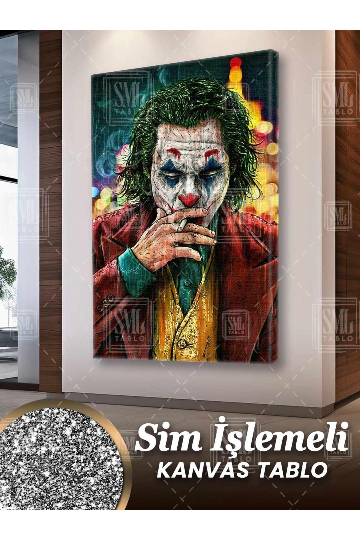 SML TABLO Simli Yeşil Saçları Pırıltılı Joker Yağmur Batman Kırmızı Ceket Sim İşlemeli Dikey Kanvas Tablo