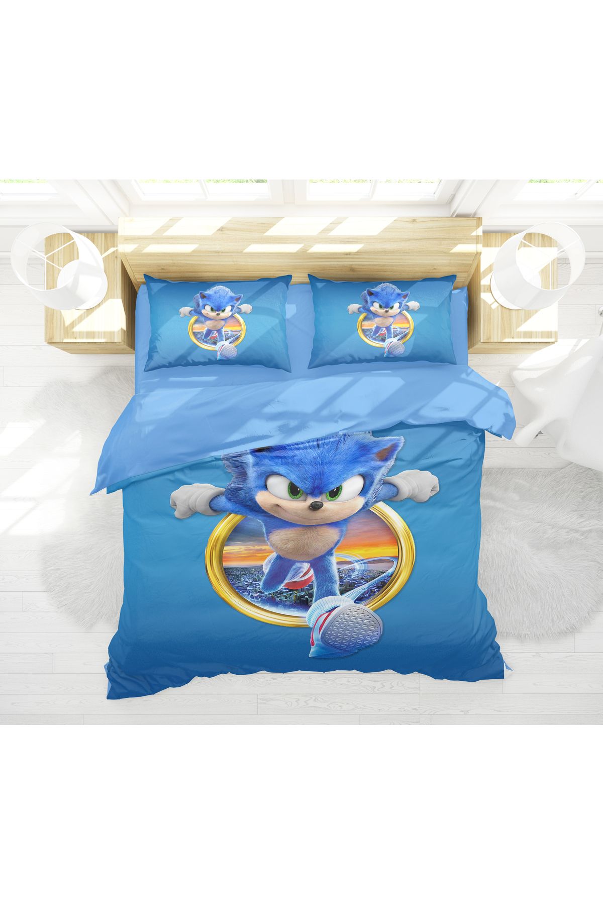 Erays Home Sonic 3D Dijital Baskılı Çift Kişilik Erkek Çocuk Nevresim Seti Sonik Genç Nevresim Takımı