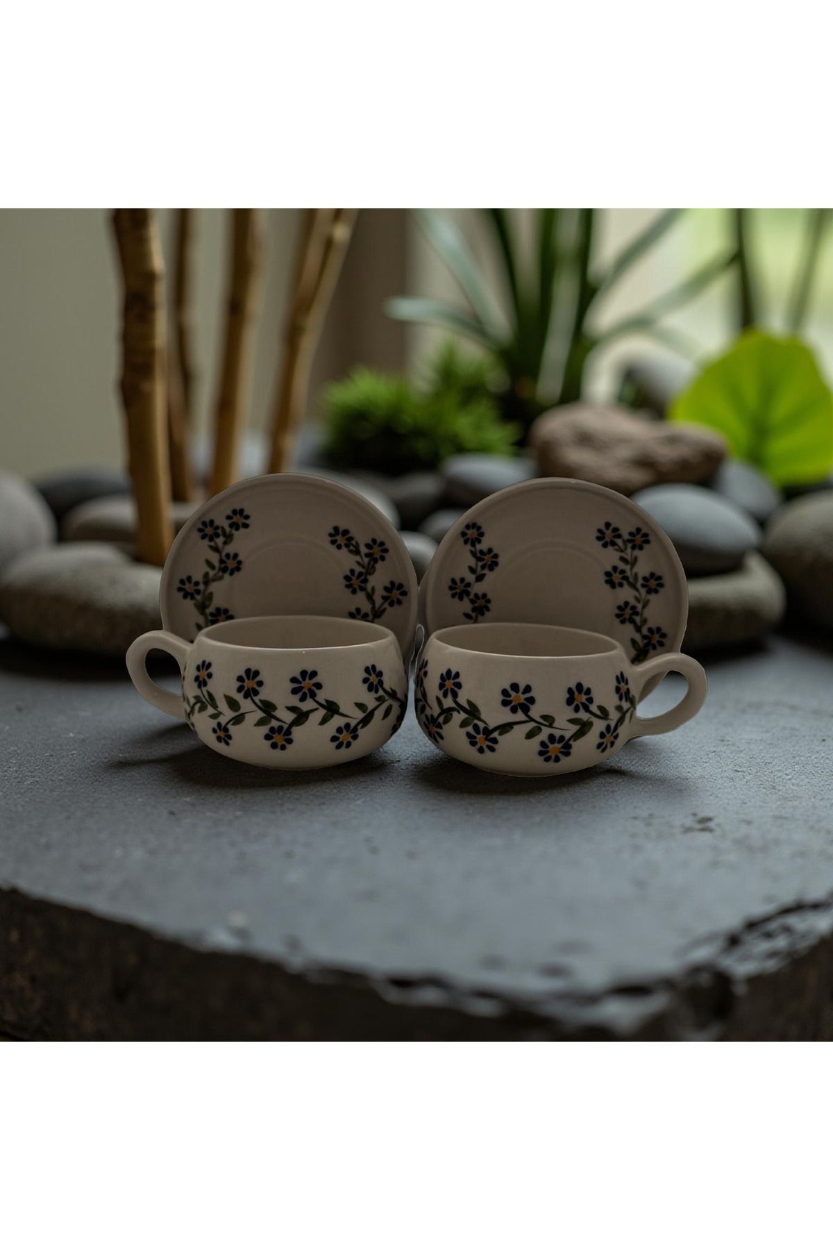 Çiporcal Beren laci dalçiçek 2li tabaklı kupa seti el dekoru seramik mug