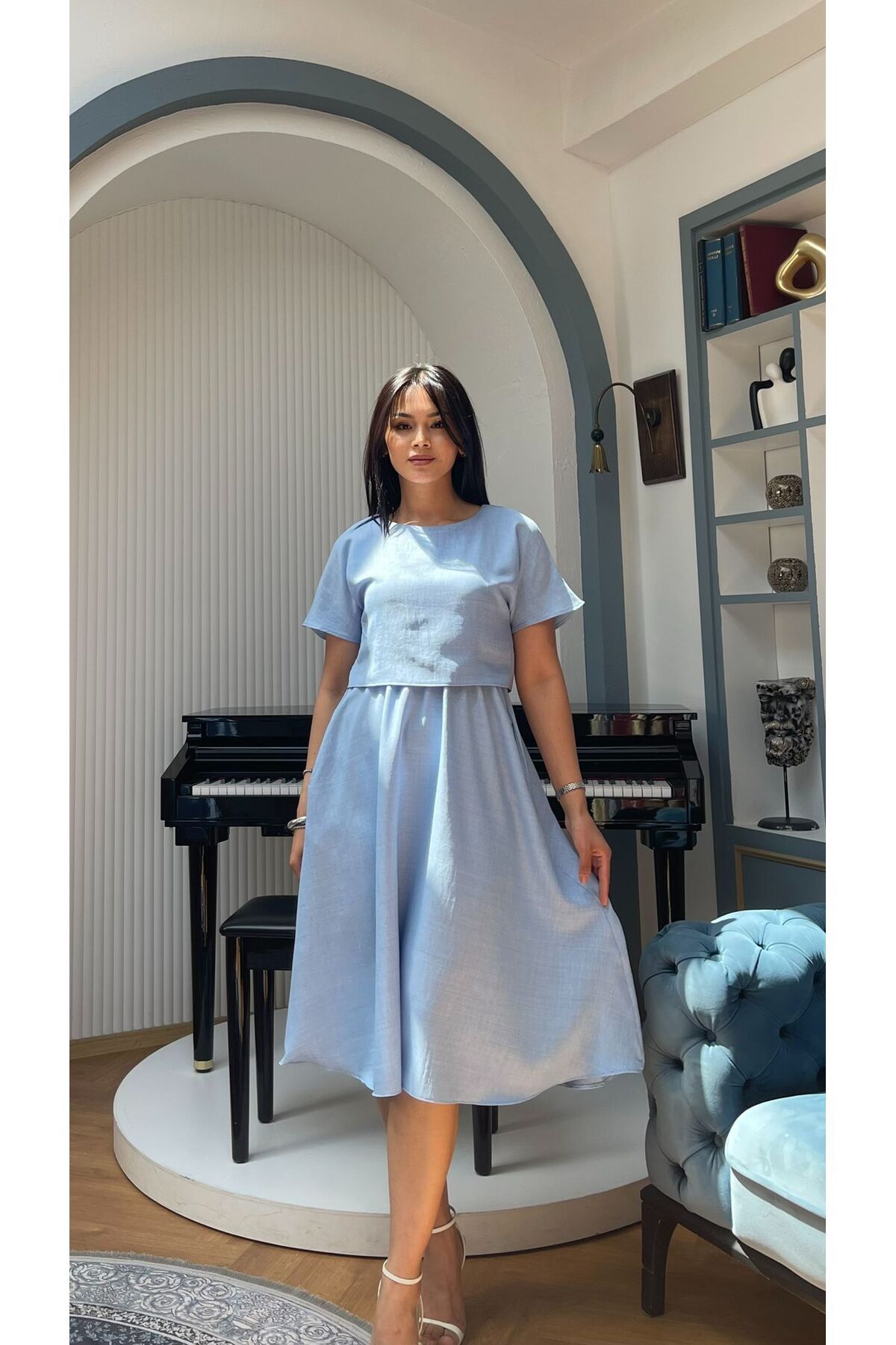 Nida Boutique İki Parça Görünümlü Cepli Astarlı Kısa Kollu Elbise