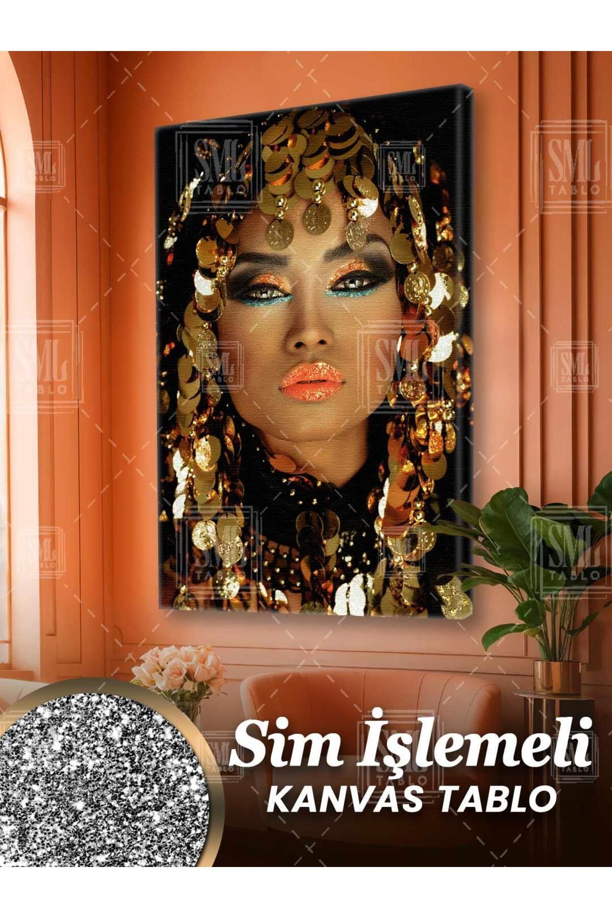 SML TABLO Simli Altın Takılı Kırmızı Rujlu Kadın Pırıltılı Makyaj Sim İşlemeli Dikey Kanvas Tablo