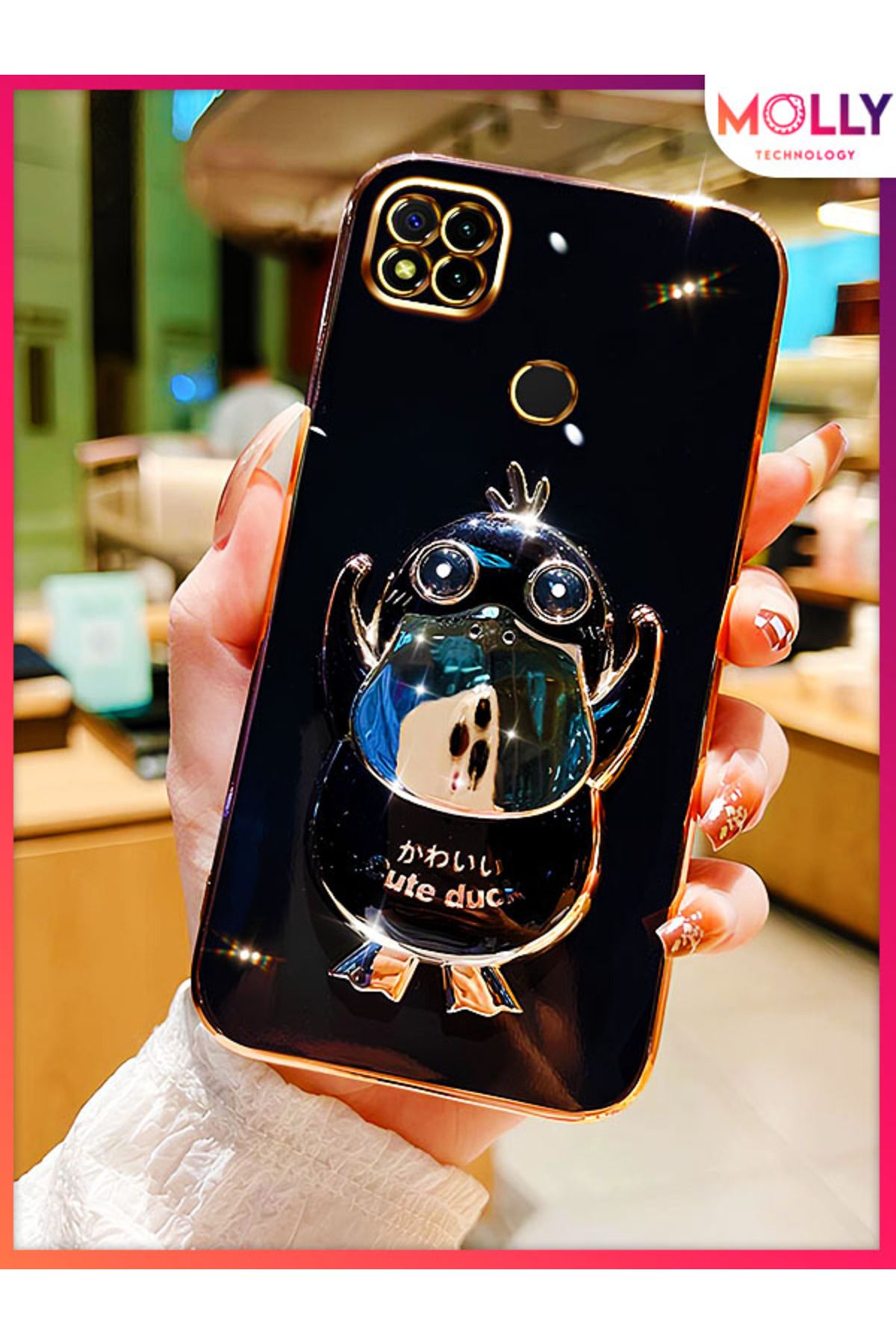 Molly Xiaomi Redmi 10A İçin Siyah Sevimli Ördek Standlı Kenarları Gold Detaylı Lüks Silikon Kılıf