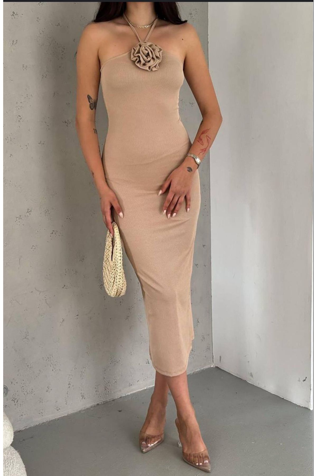 hipnoz butik Yaka gül detaylı midi boy kaşkorse elbise