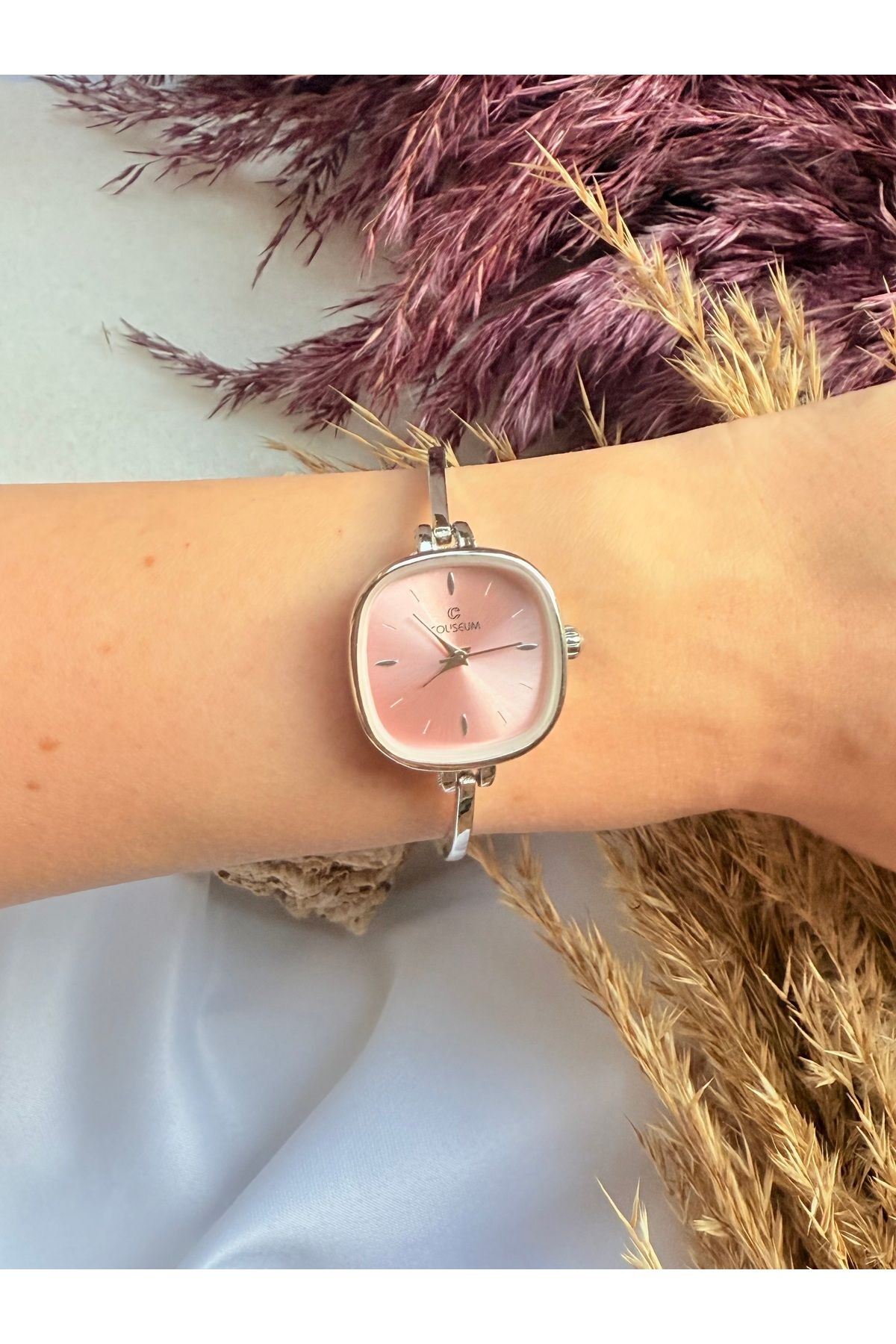 TD TRENDDURAGI Vintage Kare Gümüş İçi Pembe Kadın Kol Saati