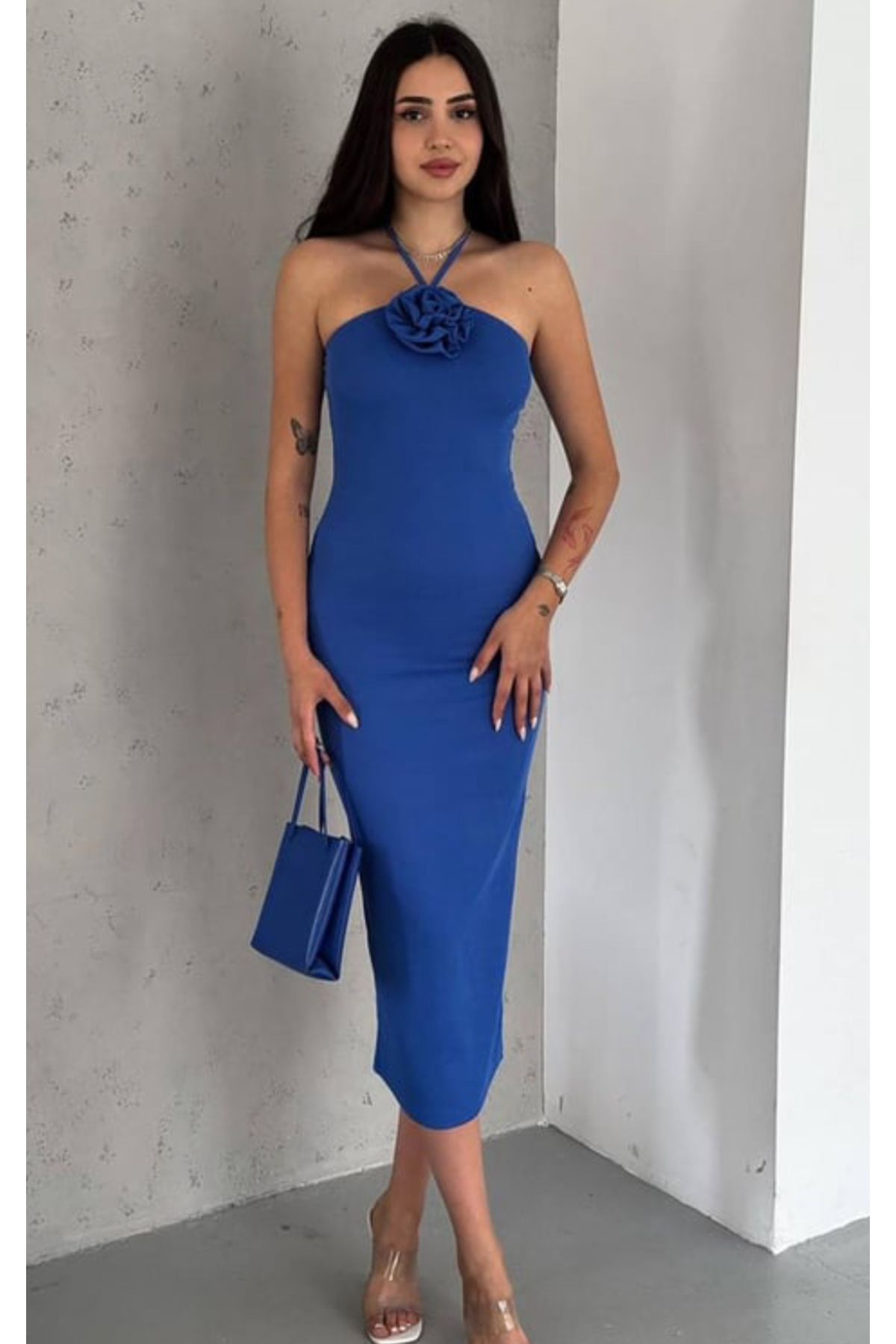 hipnoz butik Yaka gül detaylı midi boy kaşkorse elbise
