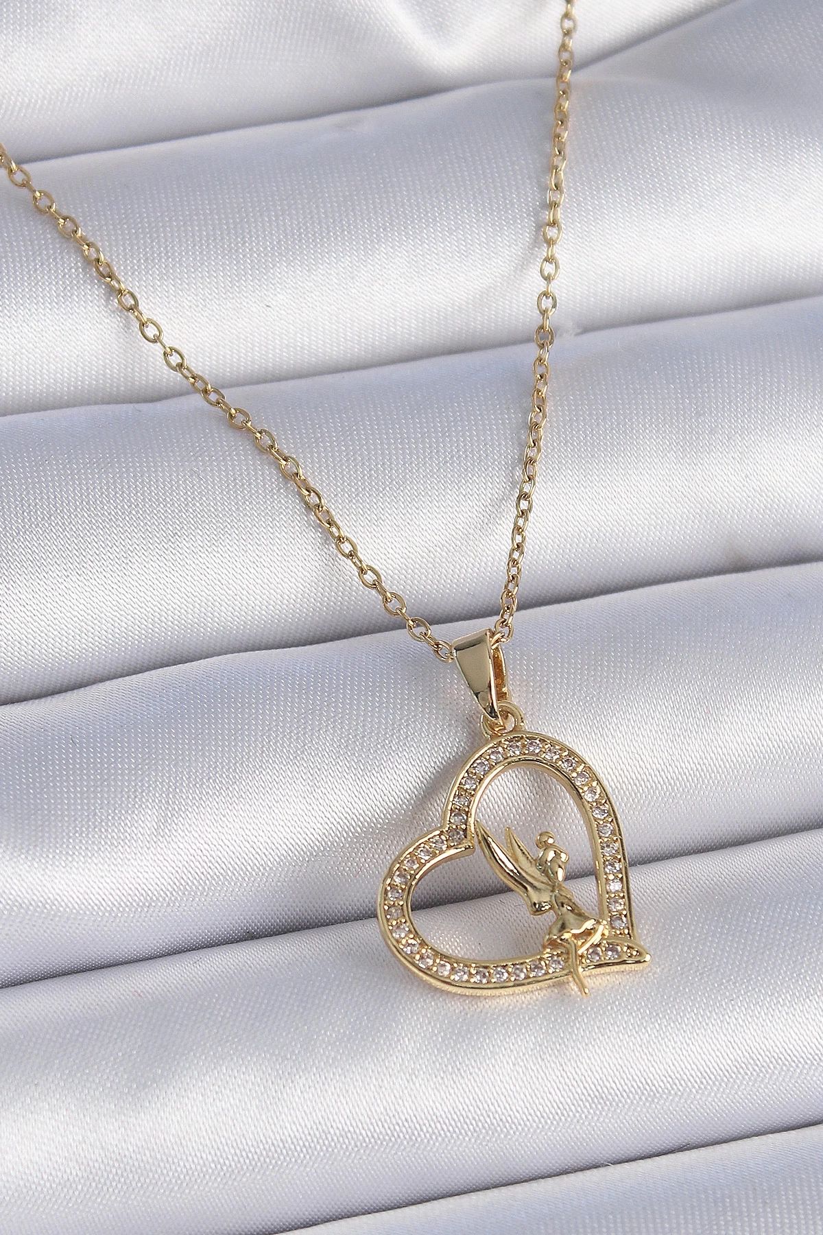 shopwave 316L Çelik Zincir Gold Renk Zirkon Taşlı Kalp Model Melek Detay Kadın Kolye