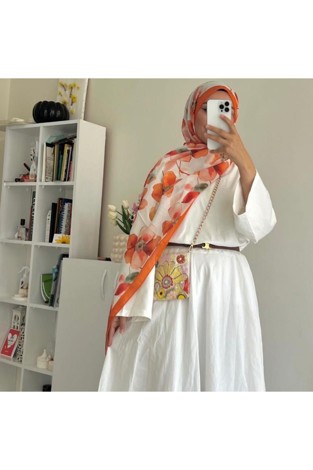 Almeza jewellery Turuncu çiçek detay soft pamuk şal