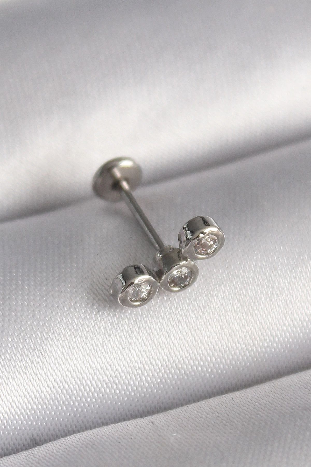 shopwave 316L Çelik Gümüş Renk Zirkon Taşlı Tragus Piercing