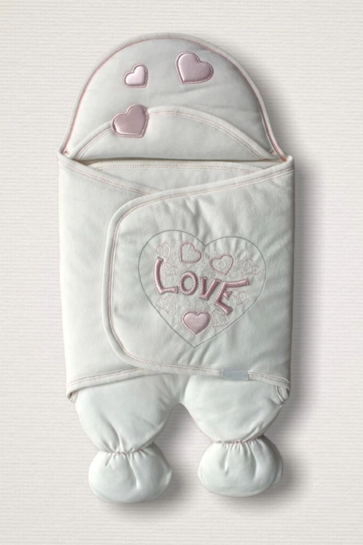 shopwave Yenidoğan Lüks Üç Kalp Love Nakışlı Kız Bebek Ayaklı Kundak Bebek Battaniyesi