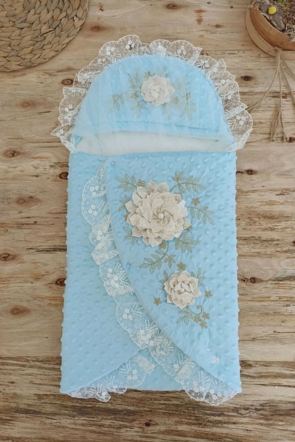 shopwave Yenidoğan Topçikli Gül Bahçesi Tül Örtülü Kız Erkek Bebek Klasik Kundak Bebek Battaniyesi