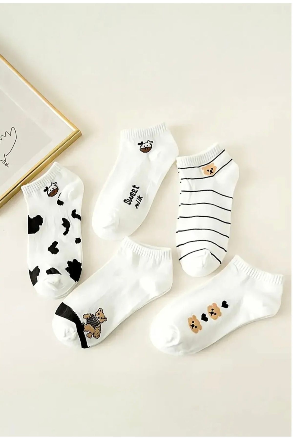 BARLASOCKS Sevimli inek ve ayıcık desenli beyaz patik çorap (5'li paket)