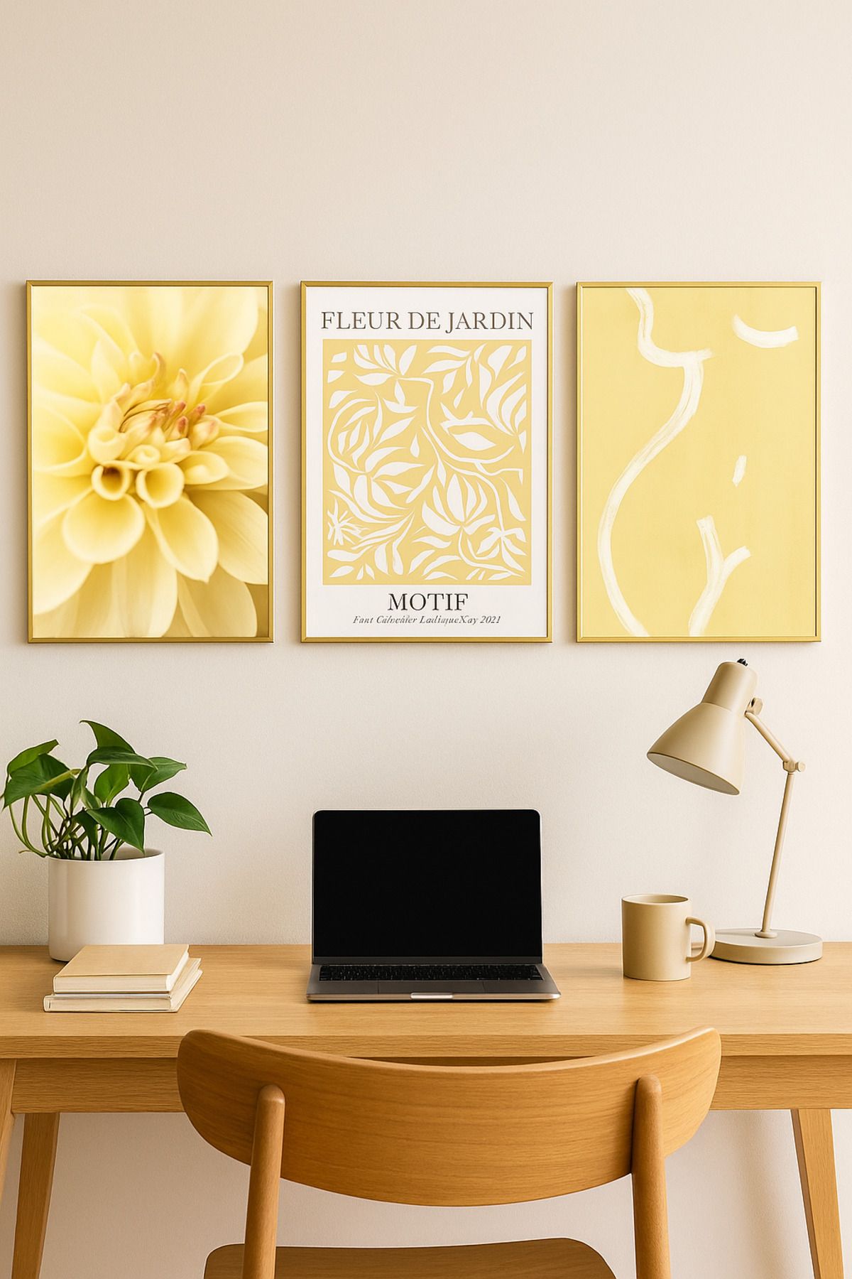 seninürünün Altın Işıltı Set - Gerçek Cama Baskı Gold Alüminyum Metal Çerçeveli 3'lü Modern Tablo