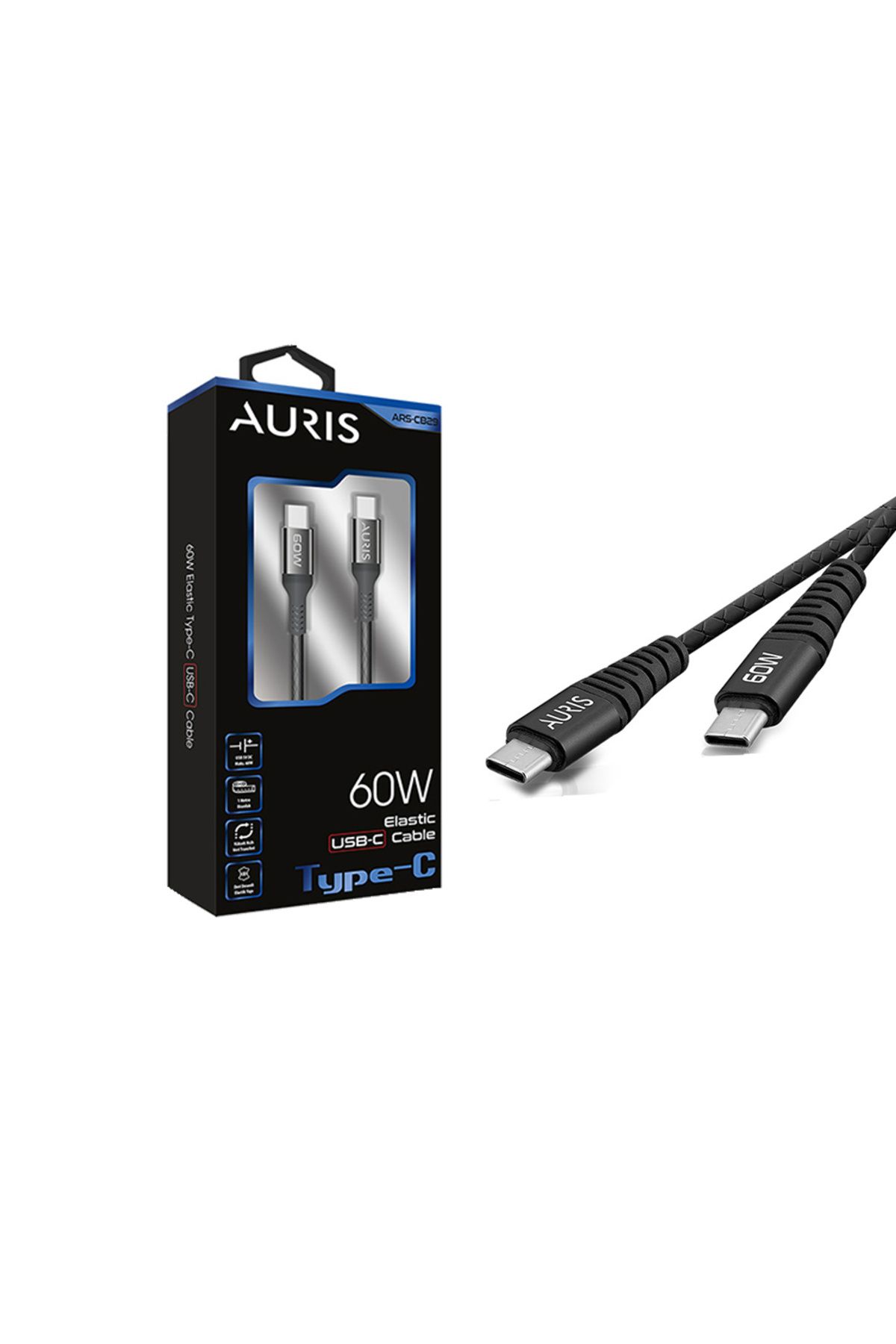 Auris CB29 Usb-C To Type-C 60Watt Elastik Şarj ve Data Kablosu