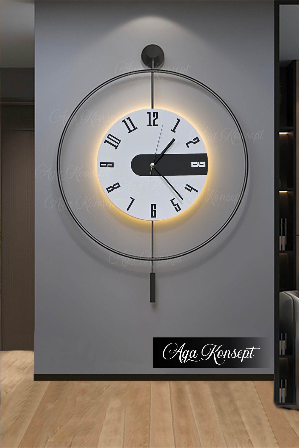 AGA KONSEPT LED'li SİYAH Latin 3 Kristal Tiktok (ORTA BOY 40 X 60 Cm), Modern Dekoratif Metal Duvar Saati