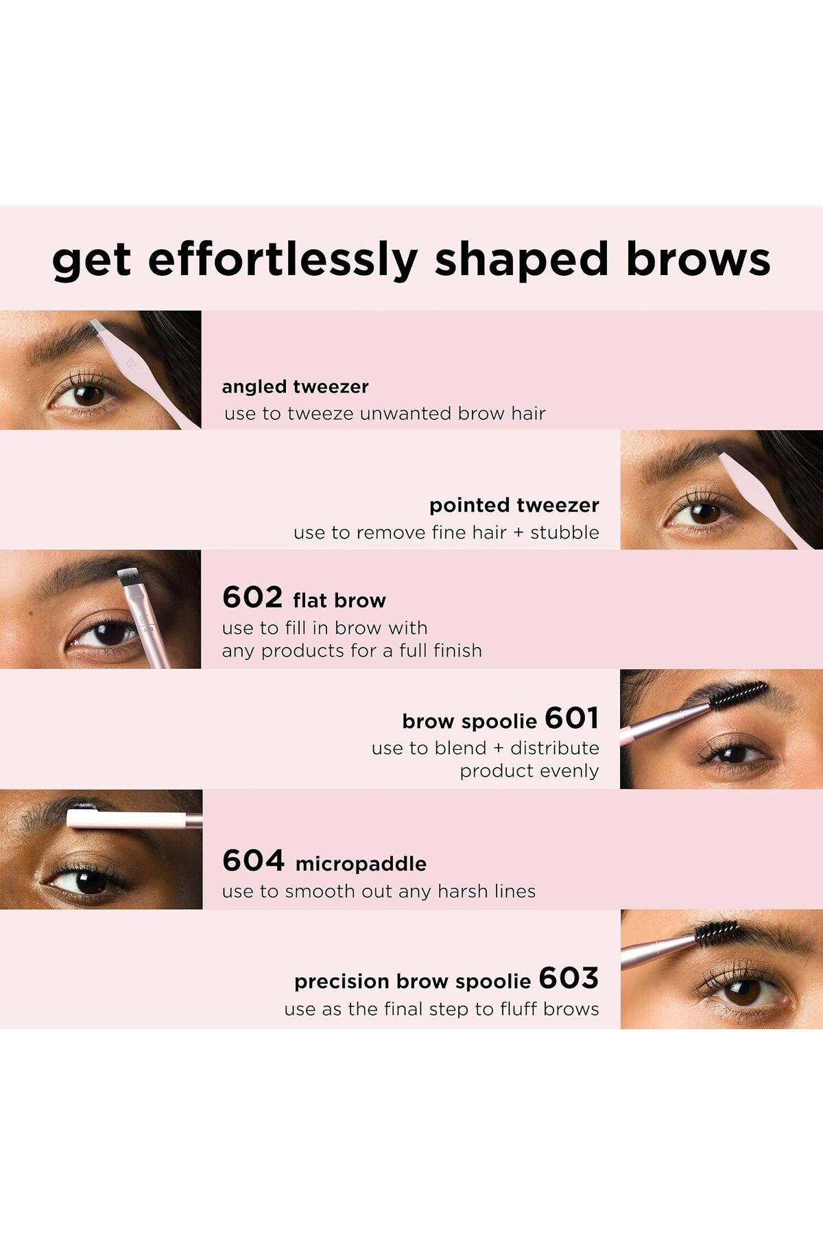 Real Techniques-Brow Shaping Set, Spoolie, Brow Brushes, Tweezers, Dual-Ended Eyebrow Tools, 3Pcs 4