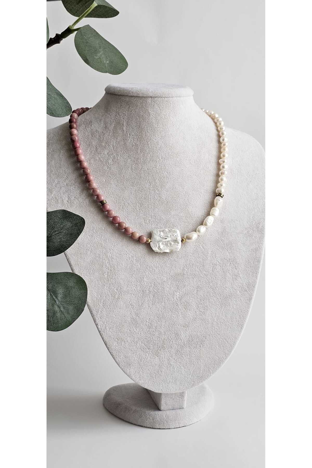 Lunaterra İnci & Pembe Jasper Doğaltaş Kolye