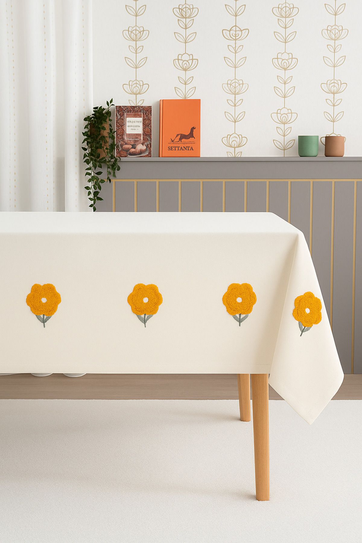 Rivaİstanbul Florita Sarı Punch İşlemeli Dertsiz Leke Tutmaz Masa Örtüsü 160x220 cm