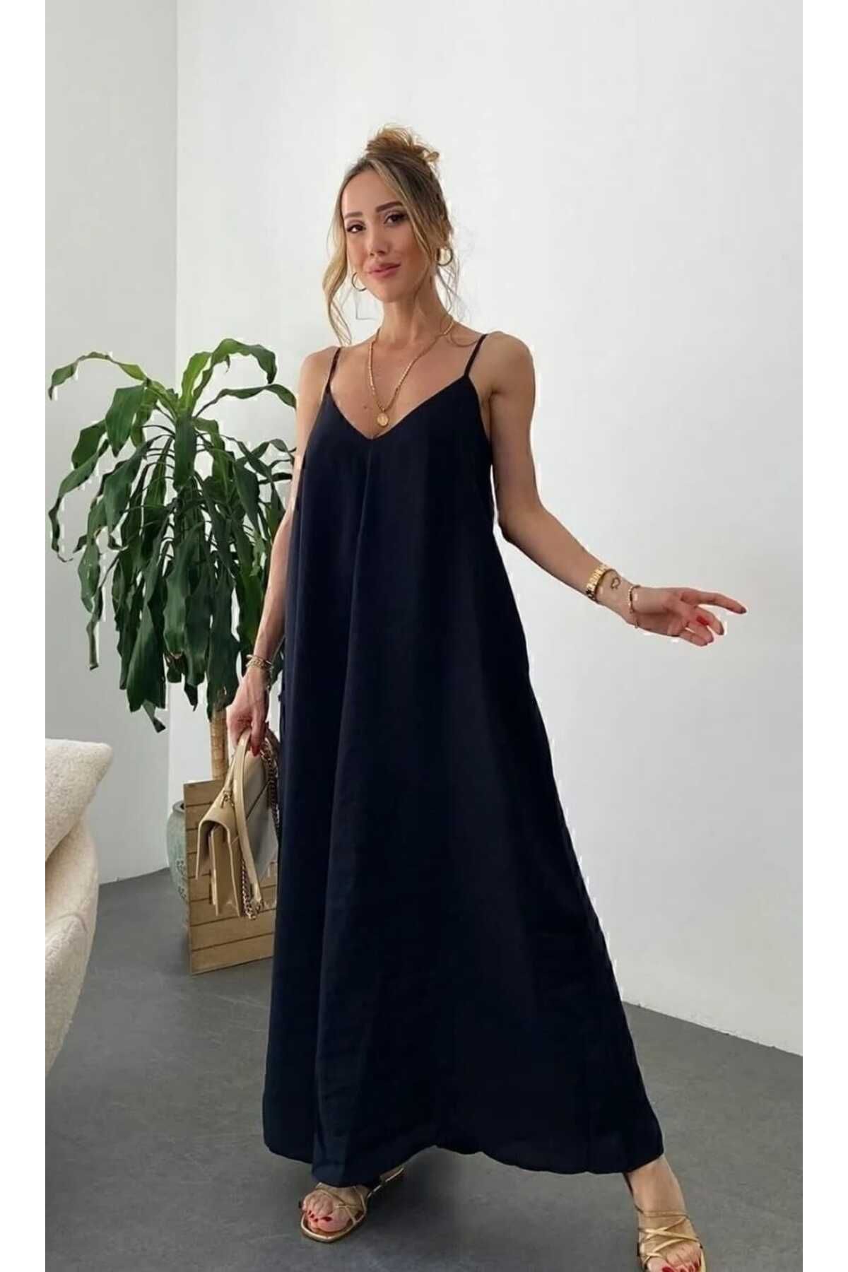 mor butik MOR BUTİK KADIN SİYAH KETEN KARIŞIMLI AYARLANABİLİR ASKILI UZUN ELBİSE DARK01001