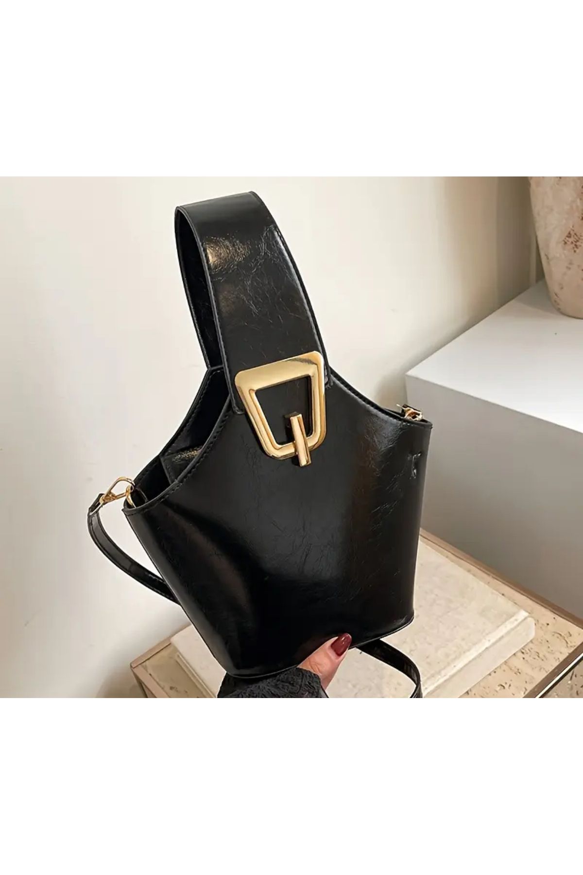 La Saade Icon Noir Élite- Siyah Premium Gold Tokalı Mini El Kol Çanta