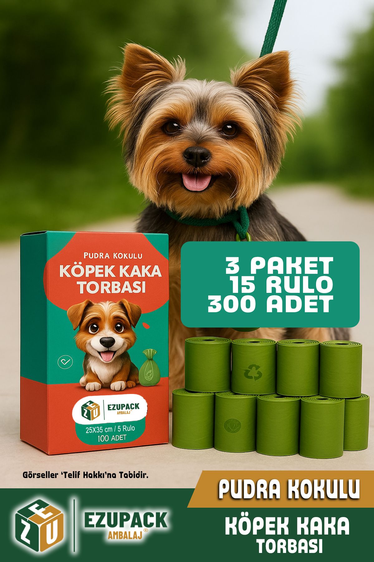 Ezupack 15 Rulo Kedi Köpek Kaka Poşeti Kutulu Pudra Kokulu Kaka Torbası Pet Evcil Hayvan 300 Dışkı Poşet