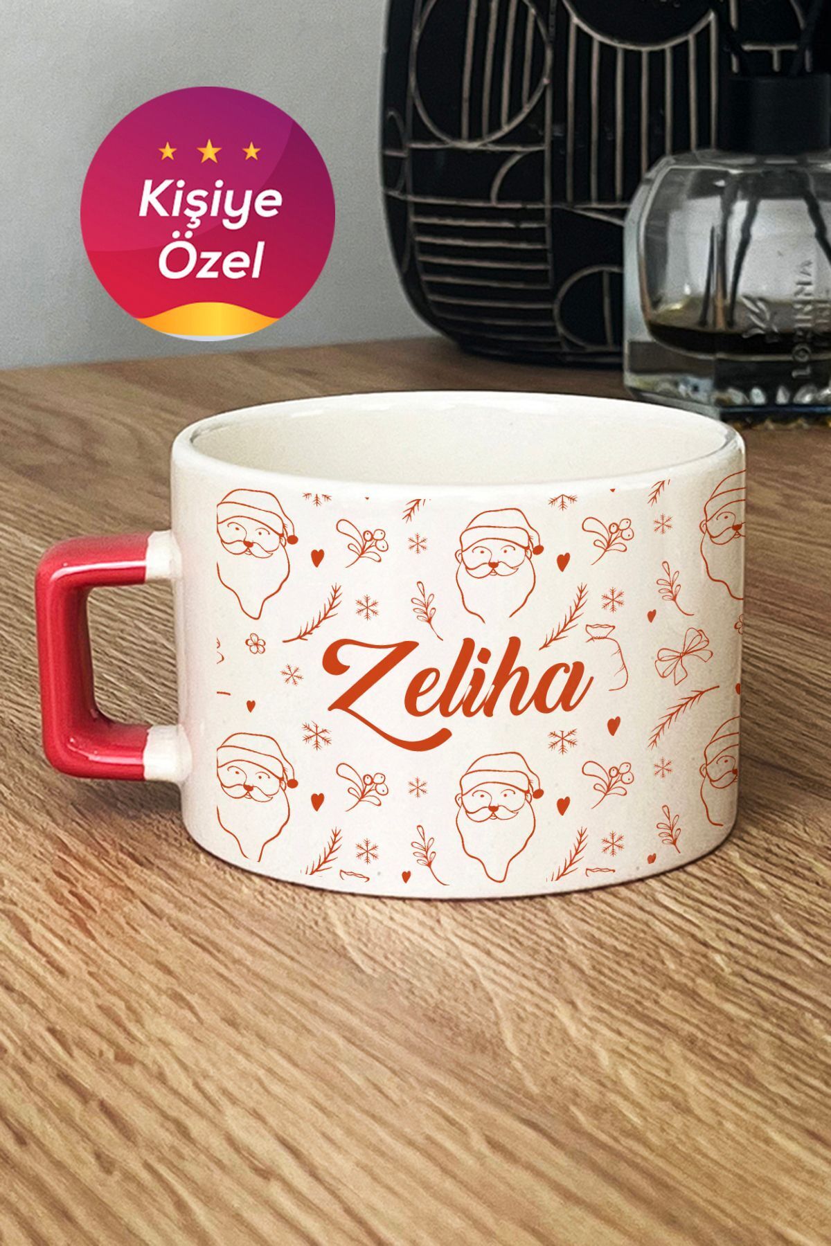 Elioure Kişiye Özel Noel Baba Desenli Lüks Fincan Turuncu Yılbaşı Yeni Yıl Hediyesi 5386MY