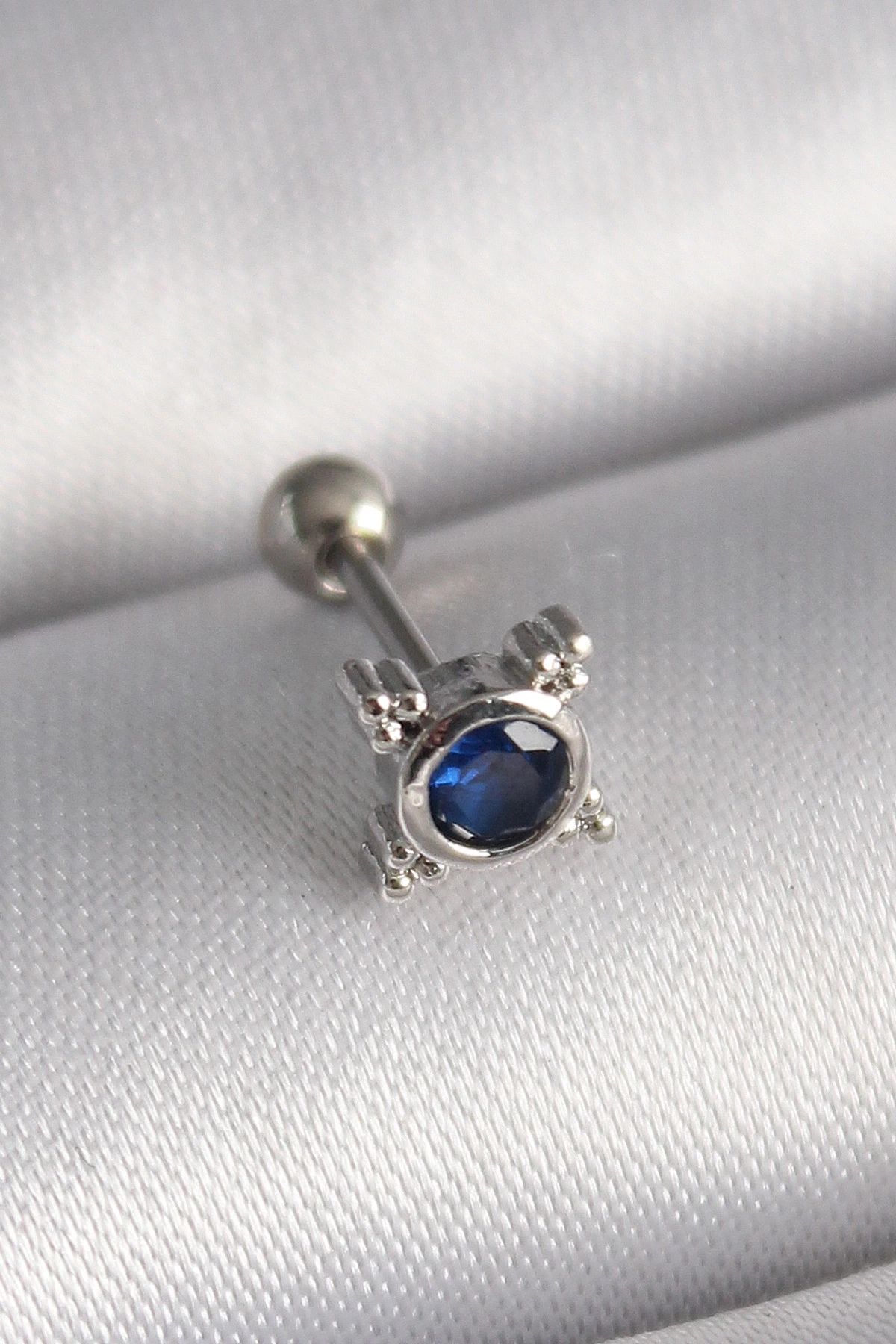 shopwave 316L Çelik Gümüş Renk Mavi Zirkon Taşlı Tragus Piercing