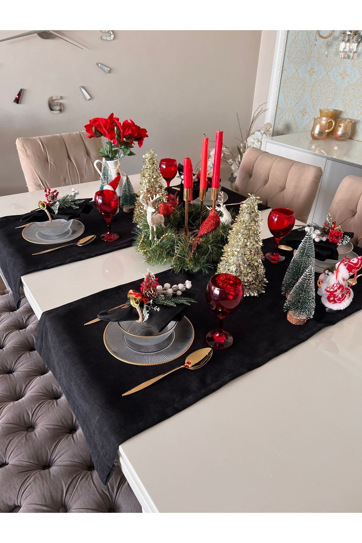 Elioure Yılbaşı Özel Siyah Runner 1 Adet 43x130 Cm Yeniyıl Noel Christmas Sofra Masa Mutfak