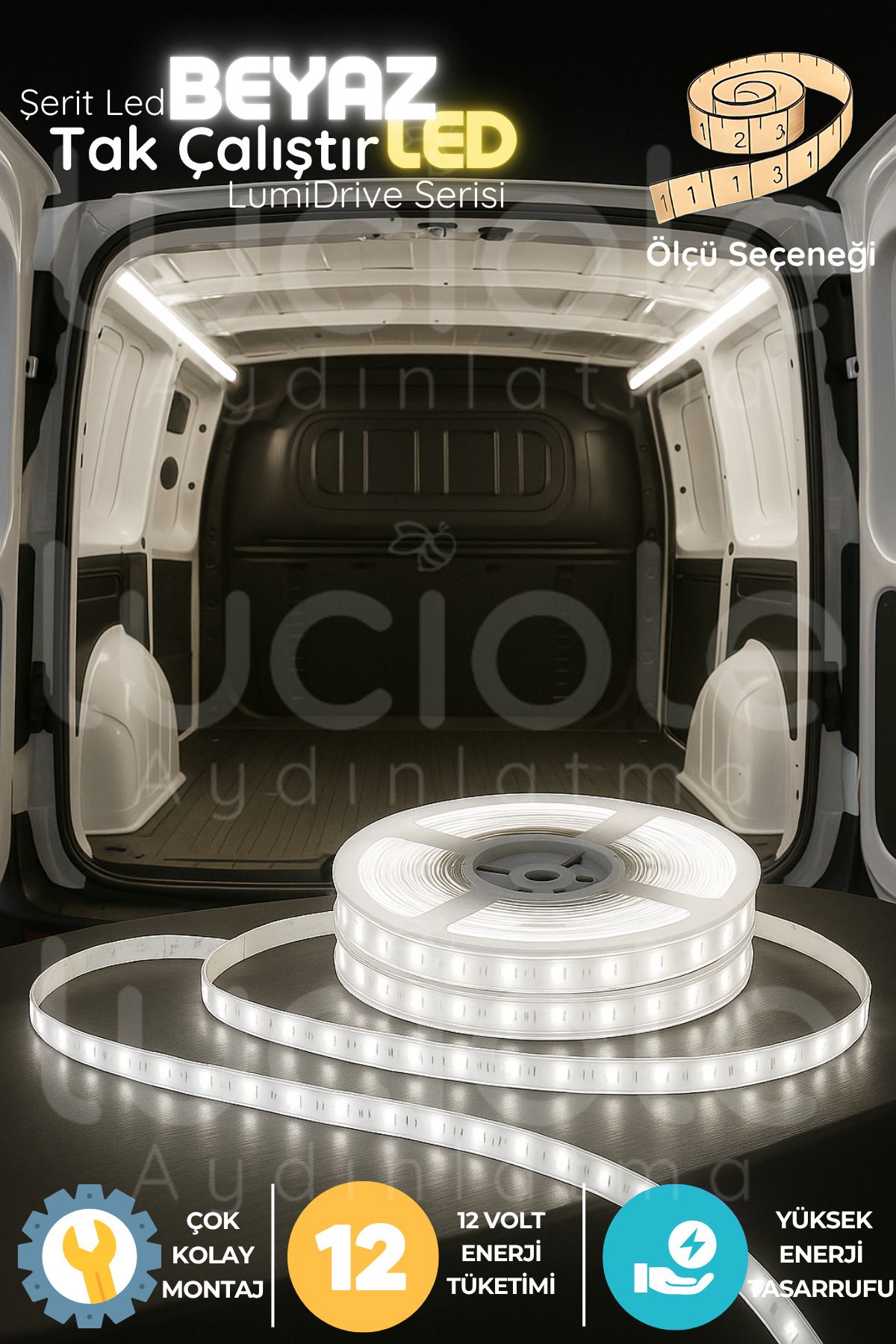 luciole LumiDrive 1 Metre Beyaz 12V LED Şerit – Araç İçi Aydınlatma, Çıplak Kablo, 2835, Yapışkanlı