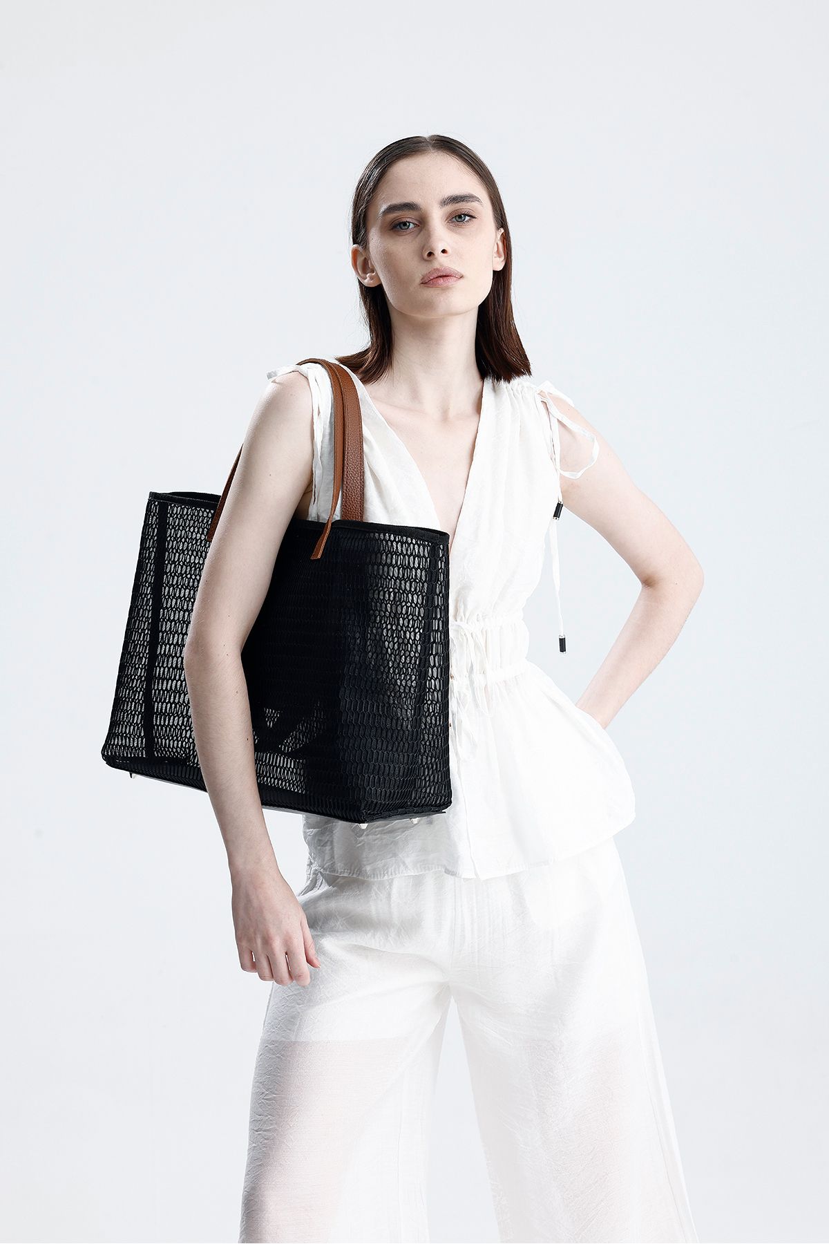 HEYBE'S Kadın Siyah Petek Desenli Şeffaf Büyük Boy Plaj Ve Alışveriş Shopper Tote Omuz Çantası