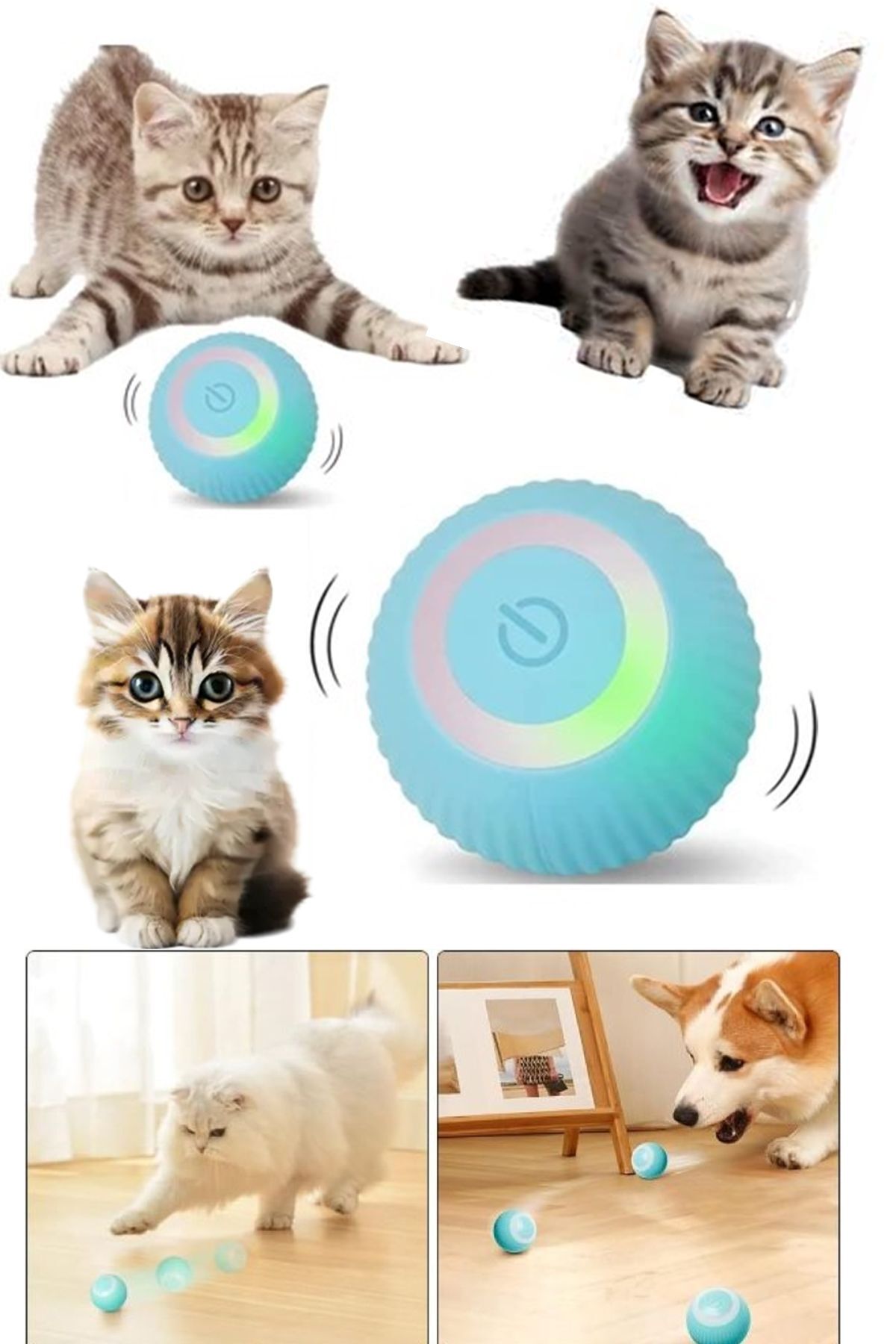 Elioure Kedi Oyuncağı Hareketli Titreşimli ve Işıklı Kedi Köpek Şarjlı Oyun Topu