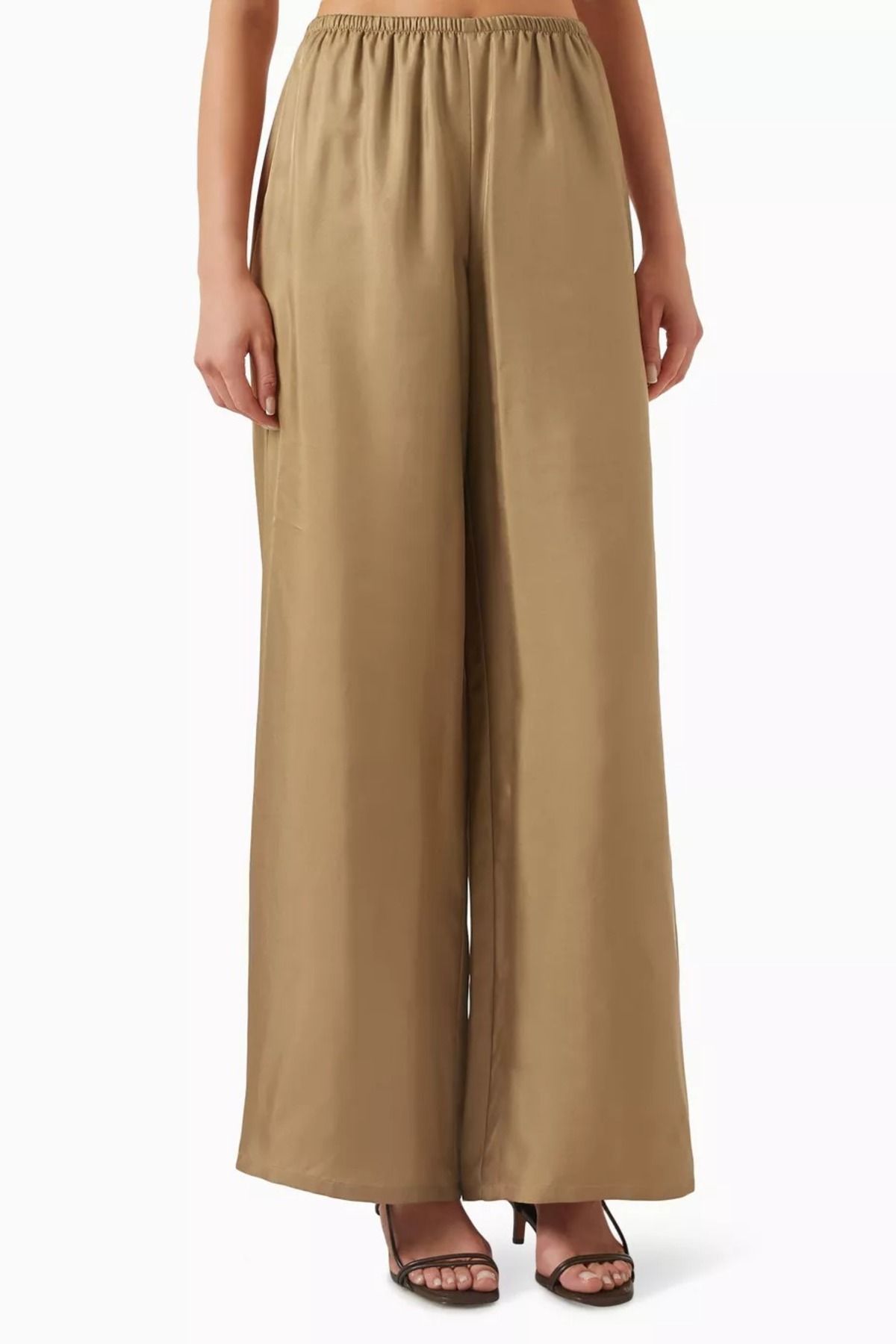 12storeez Light Brown İpek Pantolon, Elastik Belli Rahat Mulberry İpek Kesim Açık Kahverengi