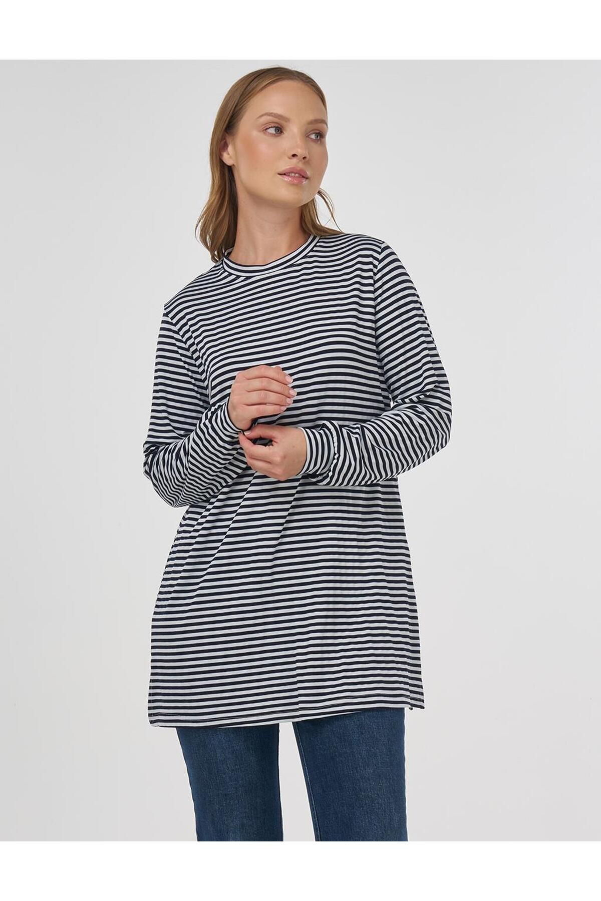 Kayra Çizgi Desen Viskon Sweatshirt Siyah