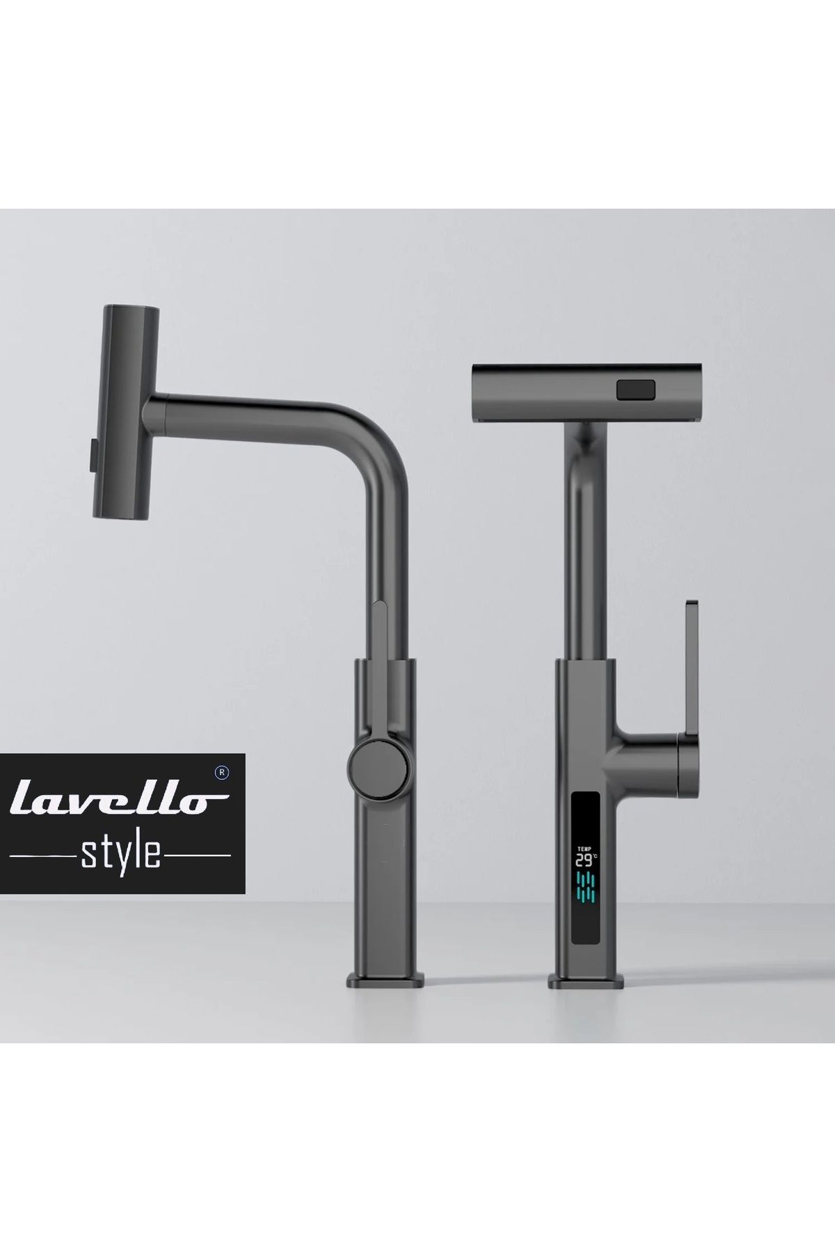 LAVELLO STYLE 3 Modlu, Dijital Isı Göstergeli, Spiralli, Paslanmaz Krom Batarya, Musluk