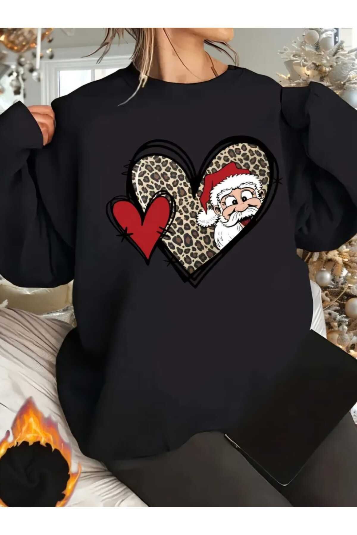 Elioure Yeni Yıl Konsept Noel Baba Leopar Kalp Baskılı Bisiklet Yaka Oversize Sweatshirt Kadın