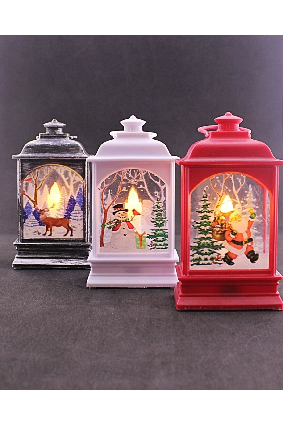 Elioure 3 Adet Noel Yılbaşı Temalı Led Titreyen Mumlu Mini Fener Asma Kulplu