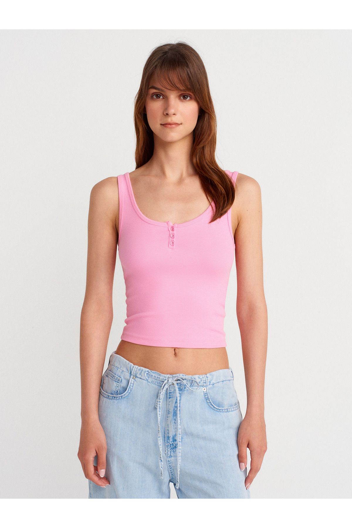 Dilvin 21158 Düğmeli Askılı Top-Pembe