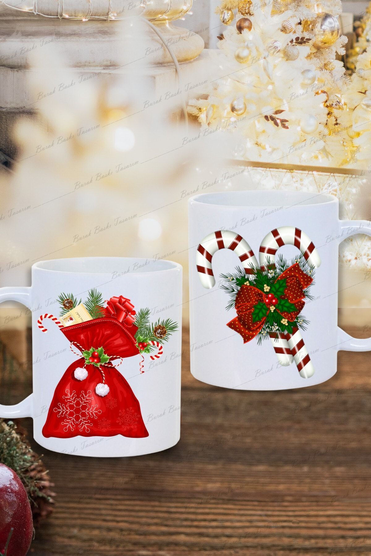 Elioure Yılbaşı Noel Temalı 2'li Noel Hediye Kesesi Ve Şekeri Baskılı Yeni Yıl Hediye Kupa Bardak-çay-kahve