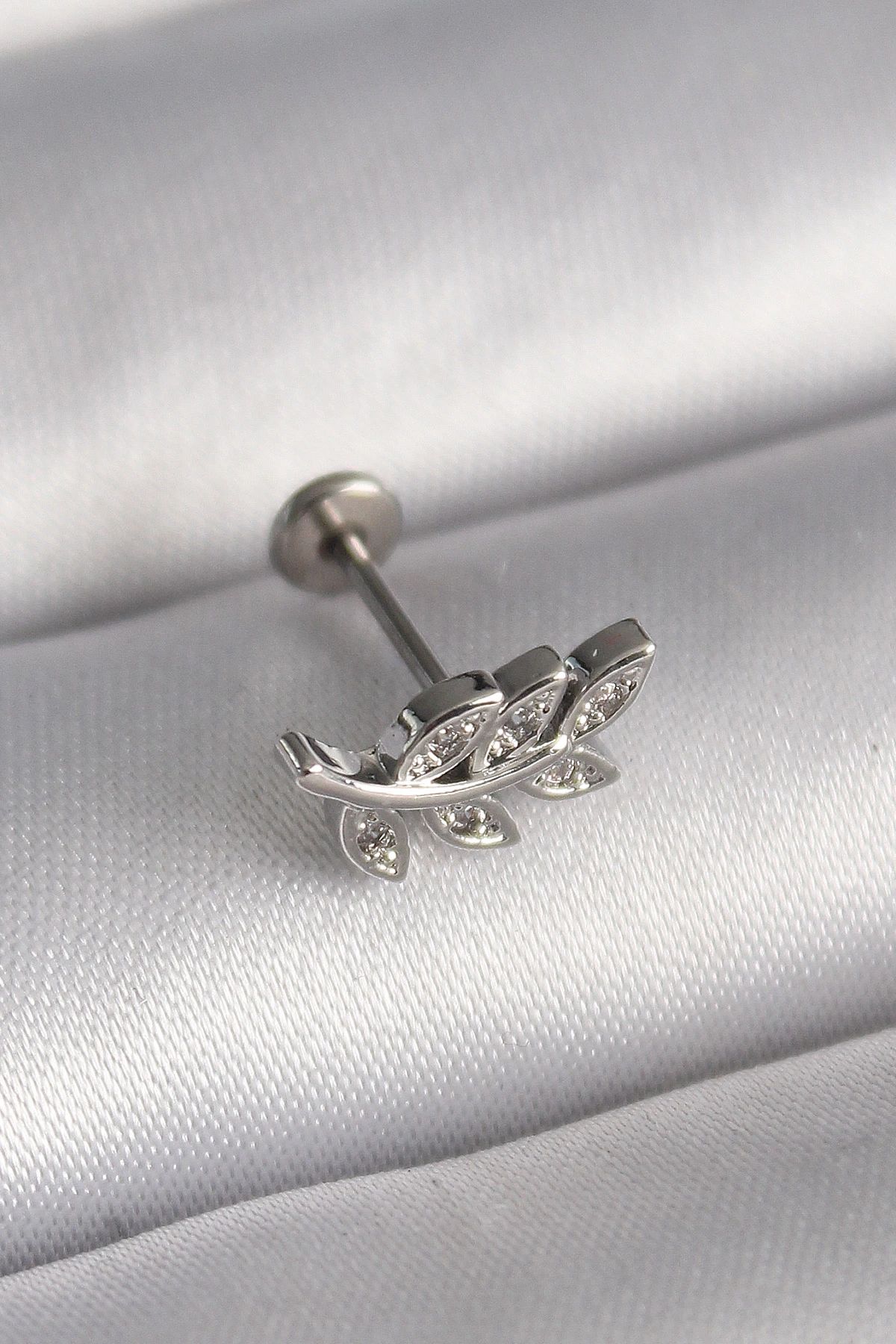 shopwave 316L Çelik Gümüş Renk Dal Model Zirkon Taş Detaylı Tragus Piercing