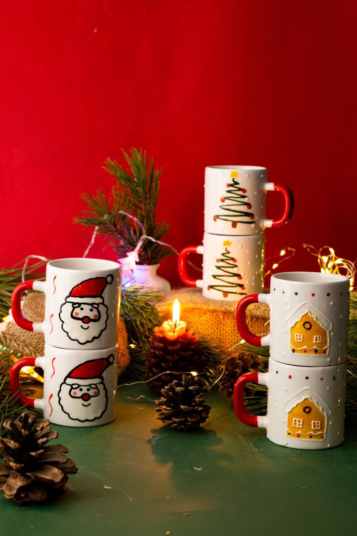 Elioure Yılbaşı Seti El Yapımı Seramik Kupalar, 6'Lı Yılbaşı Seti, Kurabiye Ev, Z Çam ve Noel Baba