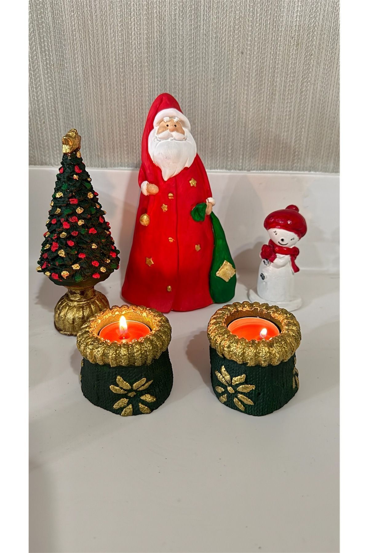 Elioure Noel Baba 2 Mumluk Cam Agacı Kardan Adam Yılbaşı Paketi Biblo Dekoratif Obje Metaryel Taş Tozu