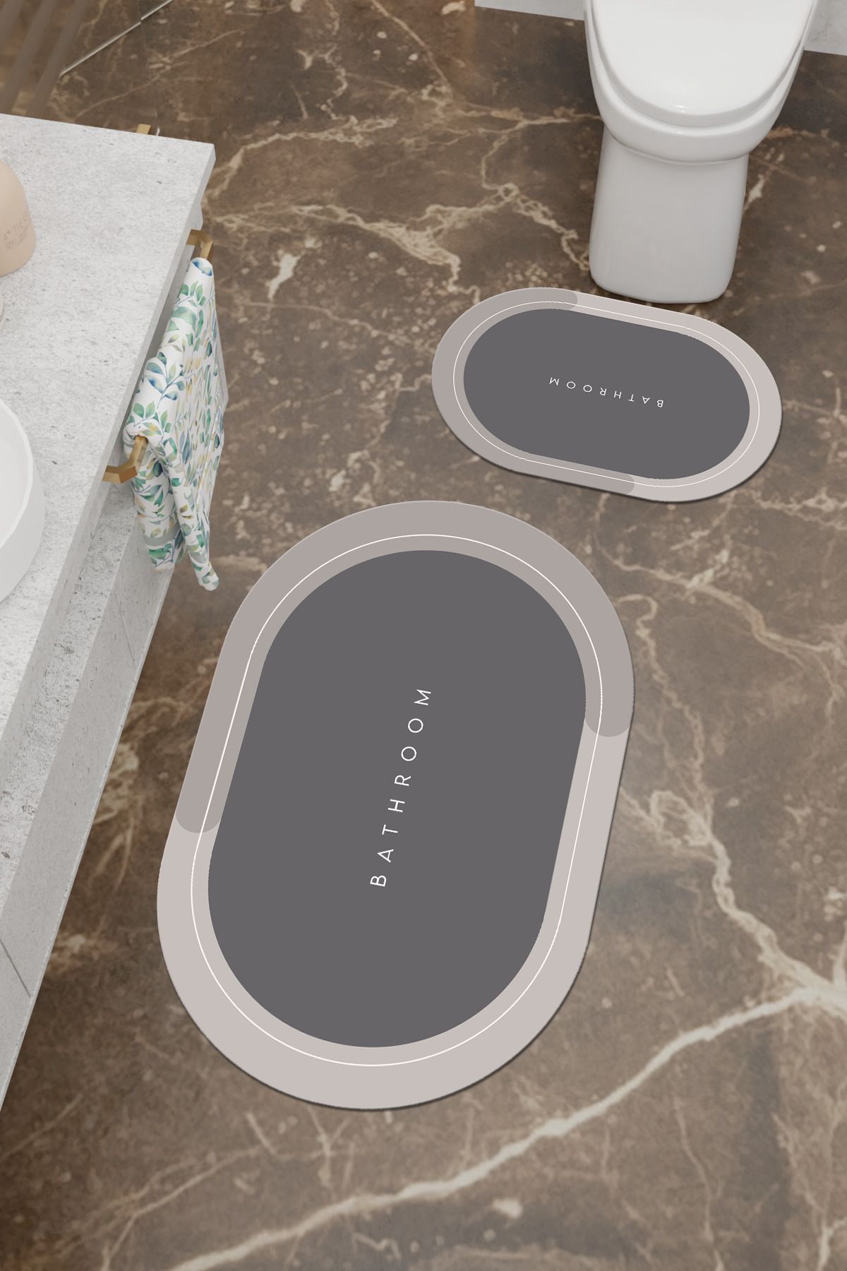 Charmbi Bathroom Desenli Eko Banyo Paspası, Kaymaz Taban, Makinada Yıkanabilir, Dijital Baskı 2'li Set